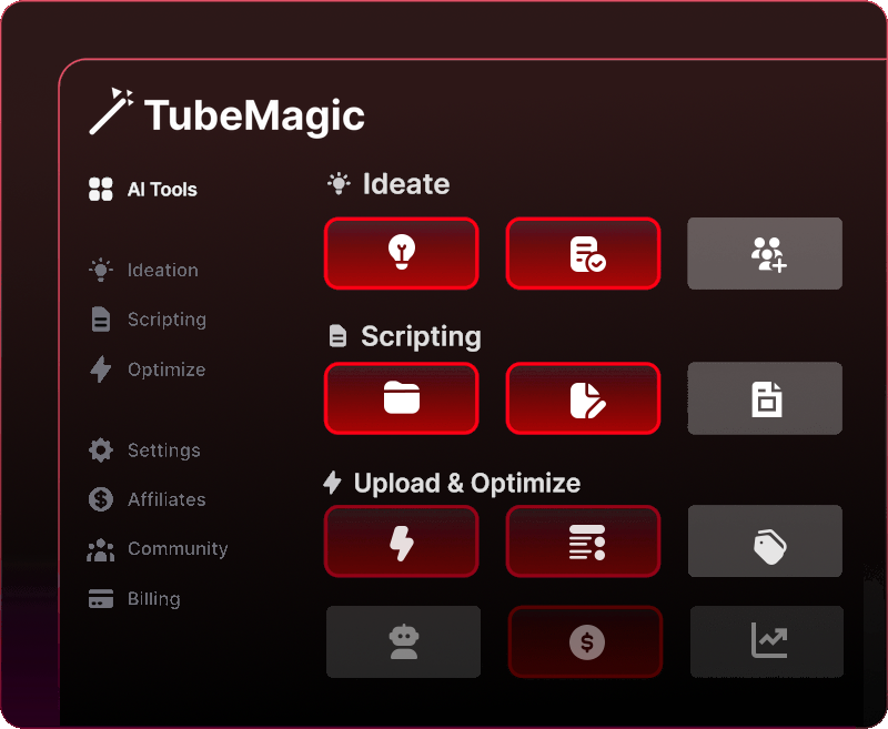 TubeMagic AI dashboard showing YouTube optimization tools and video script generator interface.